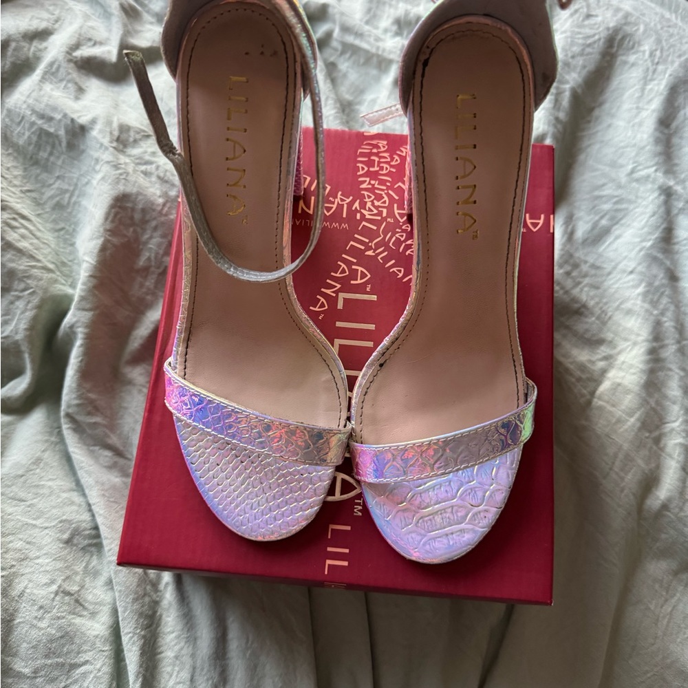 Pink holographic block heels